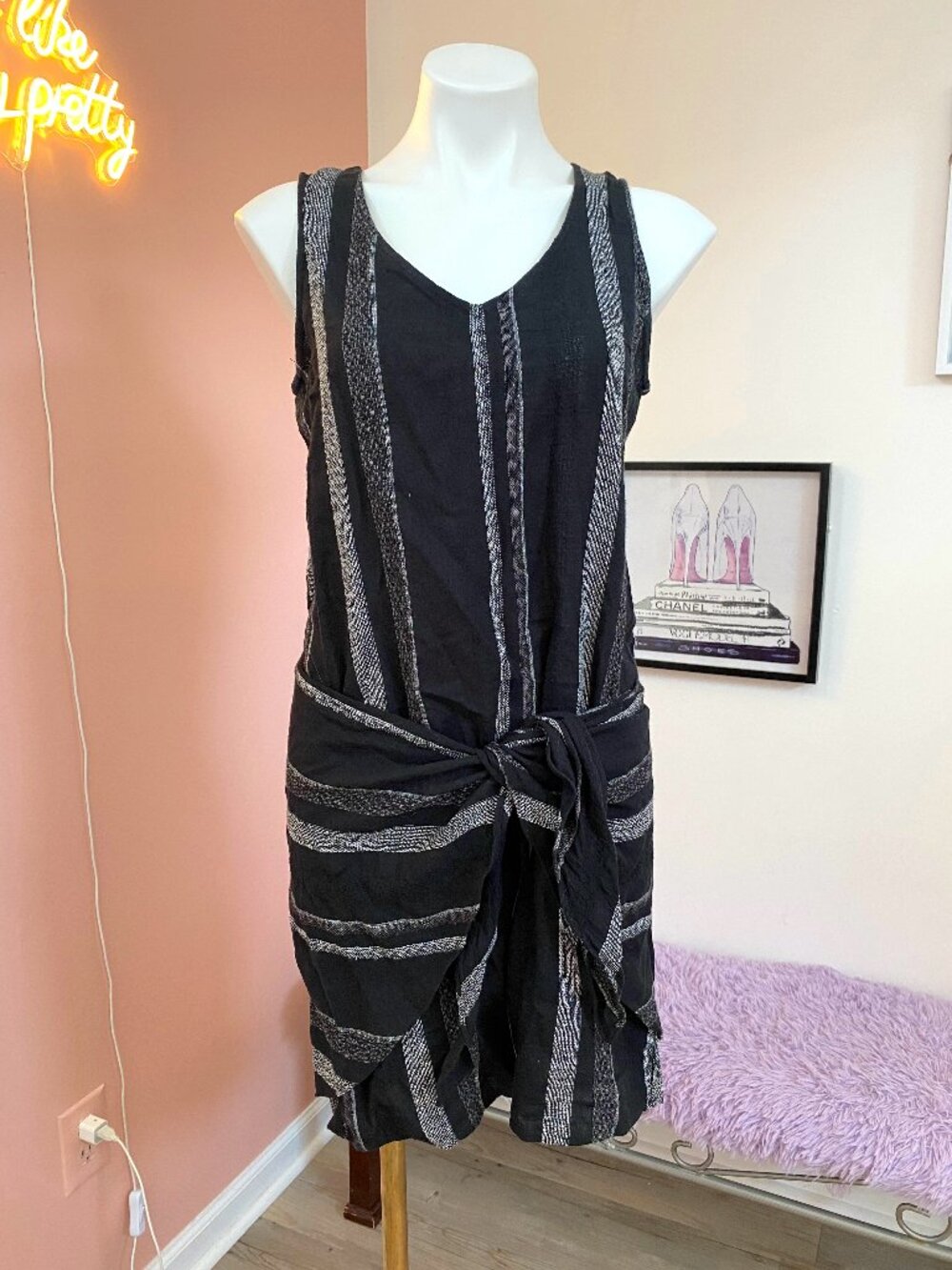 Drew Black and White Striped Linen Blend Tie Waist Dress - Size Small